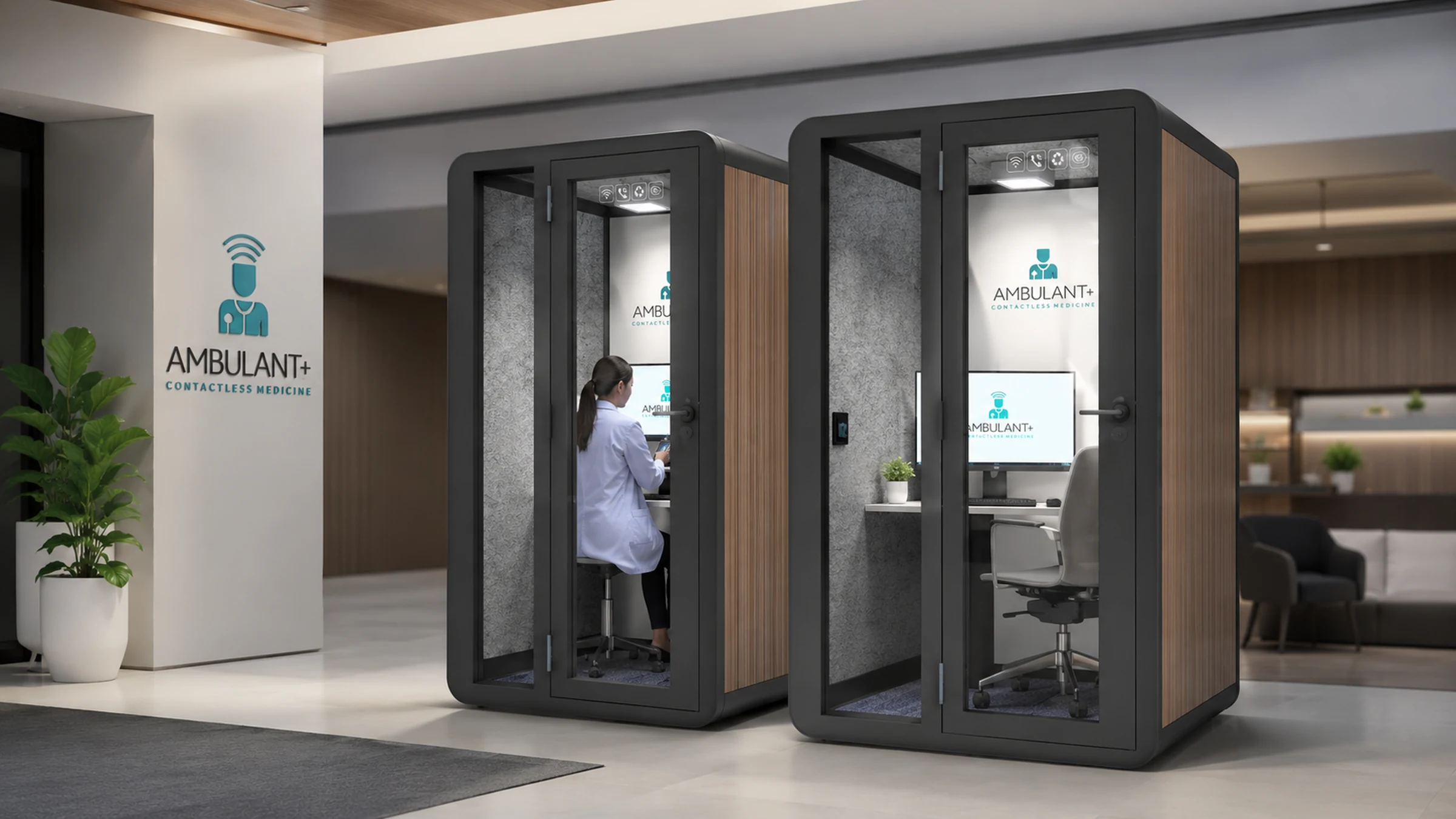 Ambulant+ contactless care pod cabin for private guided virtual care