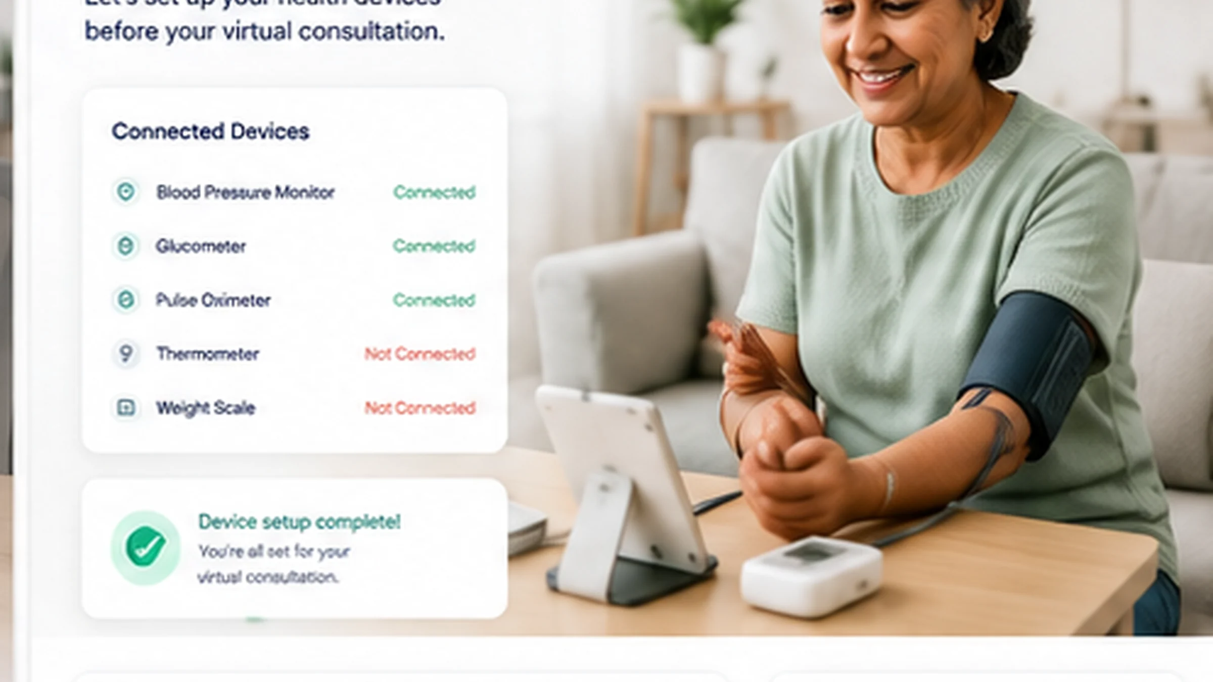 Patient setting up connected devices for remote care and Contactless Medicine at home